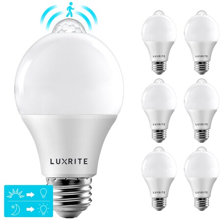 Luxrite A19 LED Light Bulbs Dusk to Dawn Motion Sensor 9W=60W 800LM 5000K Bright White E26 Base 6-Pack LR21483-6PK